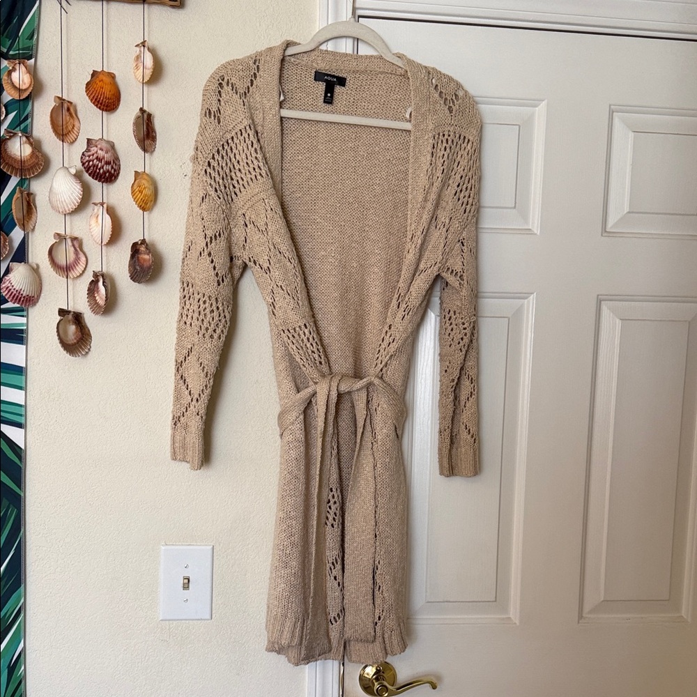 Open Front Long Knit Cardigan - Beige